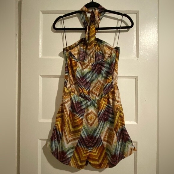 I.Q. Authentic Brand Colorful Diamond Textured Tie Neck Beaded Ring Romper - Picture 2 of 16